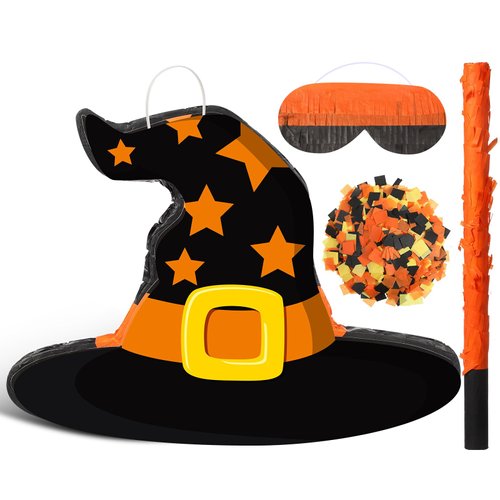 Aoriher Halloween Piñata Witch Hat Piñata with Stick and Blindfold Confetti Set Candy Filled Piñata Decorations for Halloween Birthday Party Game Supplies