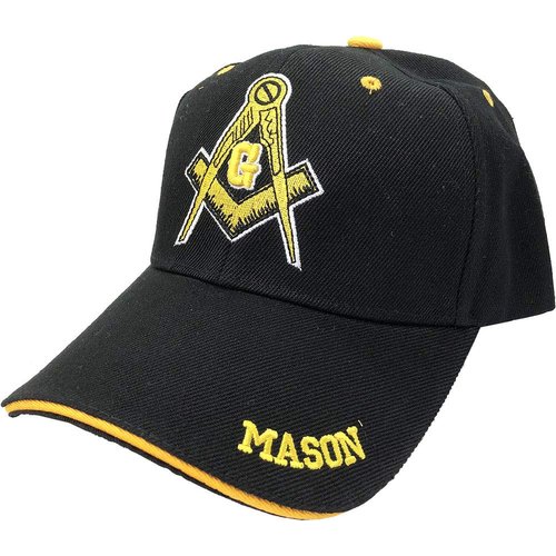 AborenCo Freemason Mason Lodge Symbol Adjustable 3D Embroidery Baseball Cap Hat (Black & Yellow Trim)