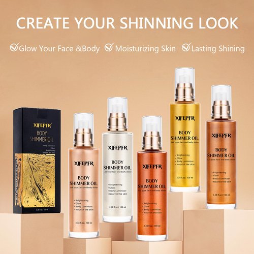 XIFEPFR Body Shimmer Oil, Pearl White Face Brighten Glow Body Luminizer Highlighter Liquid Illuminator with Makeup Brush, Long Lasting Moisturizing Body Glitter Oil for Makeup (3.38 Fl Oz/#01)