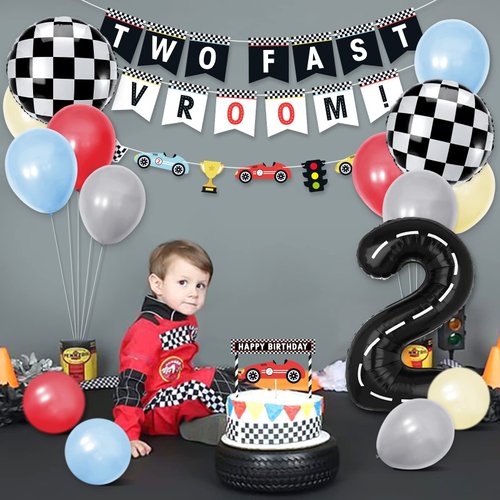 Bessmoso Vintage Two Fast Birthday Race Car Party Decorations Supplies Racing Theme 2nd Birthday Banner Cake Topper Checkered Flags Number Balloons for Let's go Racing Theme Sports Event Party Decor