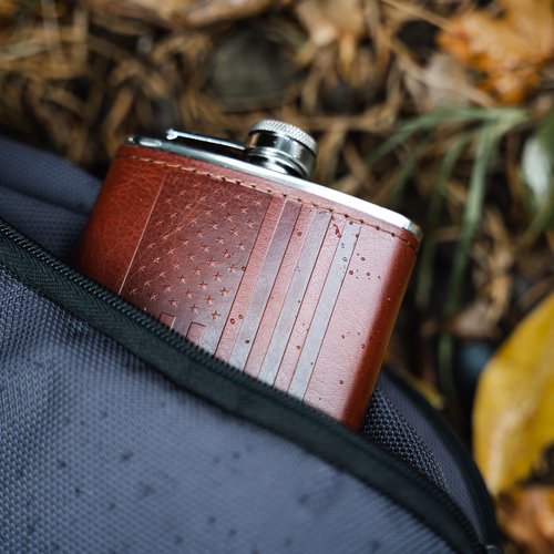 Leather American Flag Hip Flask - Leak Proof Food Grade Stainless Steel for Whiskey or Bourbon Liquor | Bonus Funnel (USA 8 Ounce Flask, Brown Leather Wrap)