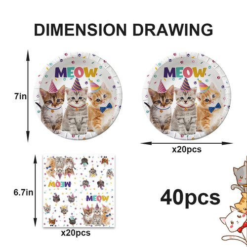 40pcs Pet Cat birthday Party Supplies,include 20 dessert plate, 20 Napkin,For boys and girls birthday party supplies，Used for Pet Cat birthday Party Decoration (cat)