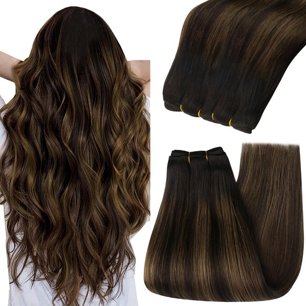 YoungSee Weft Hair Extensions Balayage Human Hair Weft Extensions Dark Brown Mix Medium Brown Highlights Brown Balayage Sew in Hair Extensions Real Human Hair 18Inch 100G
