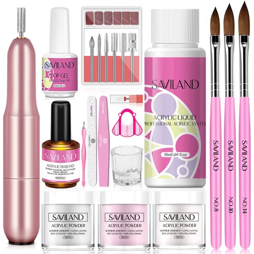 Saviland Acrylic Nail Kit with Drill x Acid-free Primer 15ml - Clear White Pink Acrylic Powder and Liquid Set 0.5oz Top Gel Acrylic Nail Brushes Overlay Manicure Kit for Beginners DIY Nail Extension