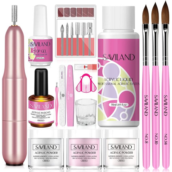 Saviland Acrylic Nail Kit with Drill x Acid-free Primer 15ml - Clear White Pink Acrylic Powder and Liquid Set 0.5oz Top Gel Acrylic Nail Brushes Overlay Manicure Kit for Beginners DIY Nail Extension