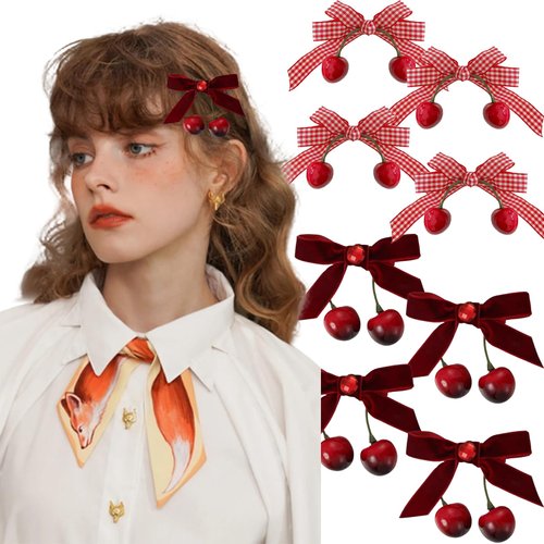 8 Pcs Cherry Bow Hair Clip Sweet Rhinestone Velvet Alligator Clips Cherry Hair Decoration for Women Girls Hair Barrettes
