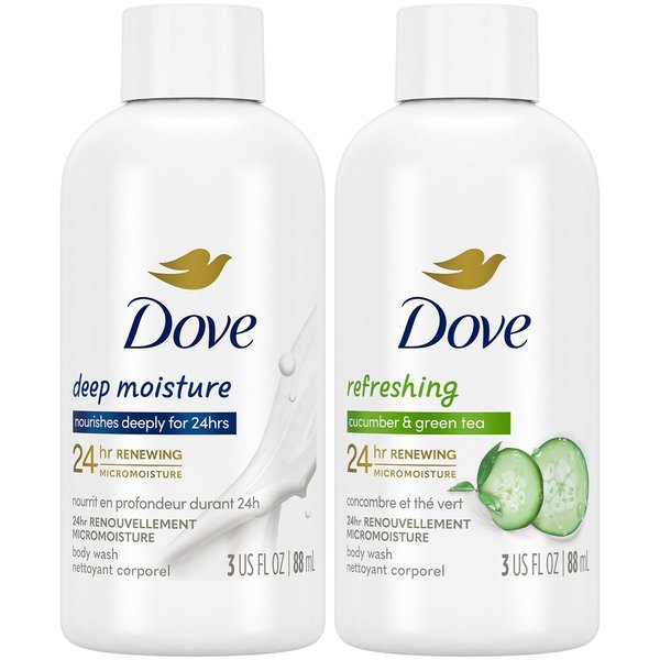 Dove Body Wash Travel Essentials Variety 2-Pack – Refreshing Cucumber & Green Tea + Deep Moisture Nourishing Body Washes, 3 Oz Ea