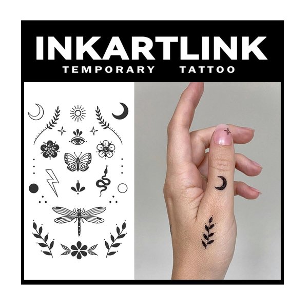 INKARTLINK Temporary Tattoos, 2 Sheets Medium Semi Permanent Tattoo Adult Art Design Waterproof Temp Tattoo Party Favors Realistic Look, No Adhesive, Lasts 1-2 Weeks Black (Dragonfly and Butterfly)