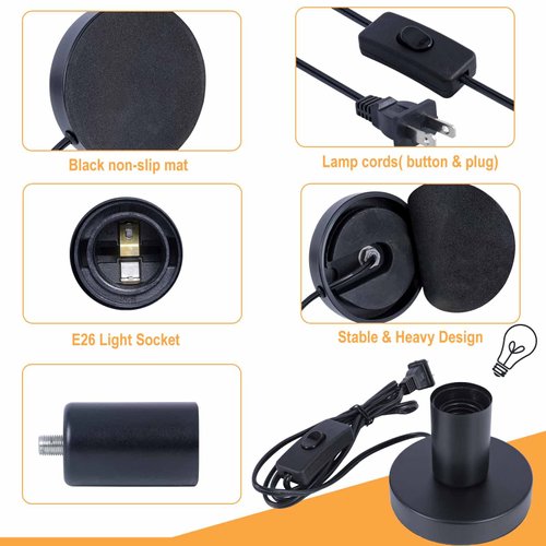 AdiyZ Industrial Table Lamp Base,Small Polished Metal Desktop Light Sockets Base Only,Vintage E26/E27 Edison Screw Light Bulb Holder Base 5.57ft Cord on/Off Switch with US Plug(Black Color)