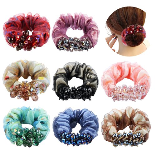 Lawie 8 Pack Rhinestone Glitter Sparkly Lace Hair Bows Elastics Bands Thick Hair Ties Stretchy Rubber Hairbands Floral Headbands Scrunchies Ponytail Holder Accessories for Women Girl