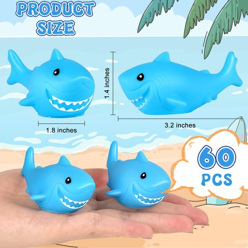 60 Pieces Rubber Sharks Blue Rubber Bath Sharks Cute Squeezable and Squeak Shark Small Rubber Sharks Bathtub Swimming Rubber Sharks Toys for Birthday Shower Bathtub Pool Party Favors