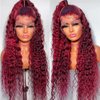 24 Inch Burgundy Lace Front Wigs Human Hair Wigs for Black Women 99J Deep Wave Wigs Glueless Wet and Wavy Red Colored Curly Human Hair Wig Pre Plucked 13x4 Transparent Lace Frontal Wigs 180% Density
