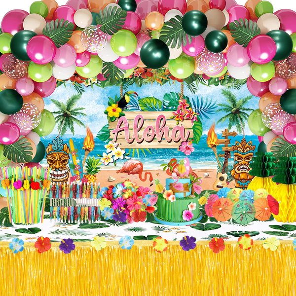 Hawaiian Luau Party Decorations(161 Pcs), Tropical Summer Beach Pool Party Supplies Including Aloha Backdrop, Table Skirt, Tablecloth, Flamingo, Palm Leaves and Hibiscus, Balloons Arch, Straws,