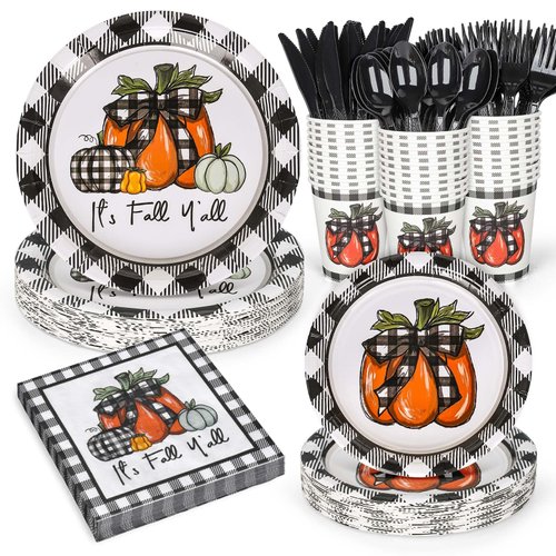JarThenaAMCS 168Pcs Fall Paper Plates and Napkins Set Buffalo Plaid Pumpkin Disposable Party Supplies Thanksgiving Watercolor Tableware Cups and Cutlery for 24 Guests Autumn Harvest Holiday