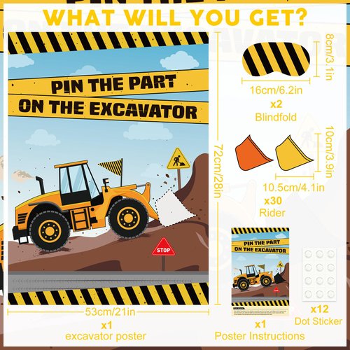 ASTARON Pin The Shovel on The Excavator Party Game with 30 Pcs Shovel Stickers for Car Theme Birthday Party Supplies Truck Pin Game, Construction Birthday Party Favor Sets for Kids Adults