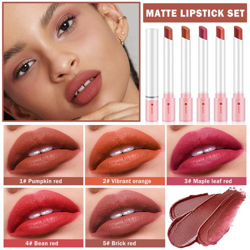 XINGXYUEL 5 Colors Matte Cigarette Lipstick Set Velvet Little Tube Cigarettes Lipstick Lip Gloss Set Non-Stick Cup Lip Stain Long Lasting Waterproof Red Lipstick Lip Makeup