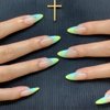 ANDGING Almond French Tip Press on Nails Neon Medium Length Fake Nails with Glue Acrylic Short Glue on Nails with Designs Aesthetic Gel Manicure False Nail for Women Stick ons Nails for Girls Wedding