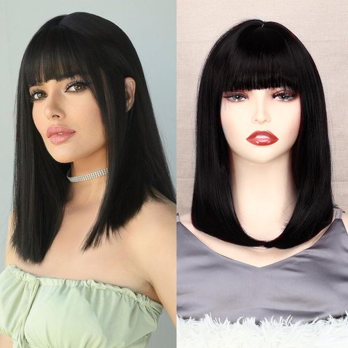 OTO BELLA 14 Inch Short Bob Wigs with Bangs, Straight Bob Wigs for Women Natural Looking, Synthetic Short Bob Wigs Heat Resistant Fiber Wigs for Daily Party Cosplay (Natural Black)