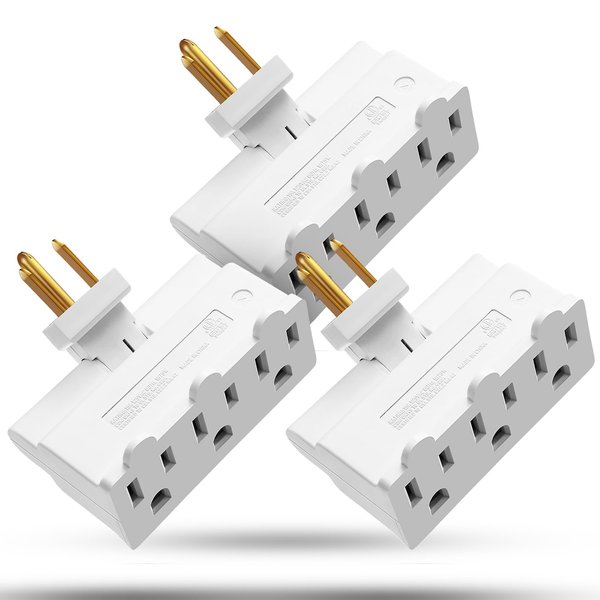 Fosmon 3 Plug Outlet Adapter, 2 Prong 3 Prong Outlet Extender Plugs, Three Way Outlet Wall Extender, 180 Degree Swivel 3 Way Wall Tap, Triple 3 Prong Power Splitter, Electrical Power Adapter-3 Pack