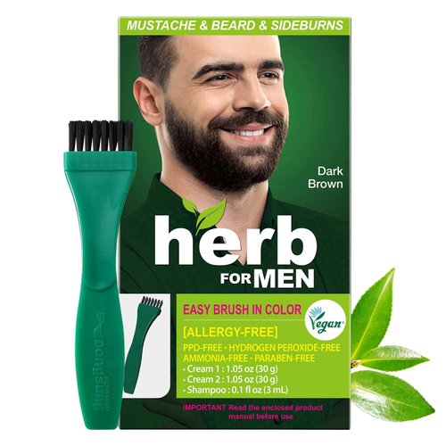 Herb For Men PPD & Ammonia Free Mustache & Beard Dye, (Dark Brown), Vegan Natural Ingredients, Odorless, No More Skin Irritations from Coloring for Sensitive Skin (1 Pack)