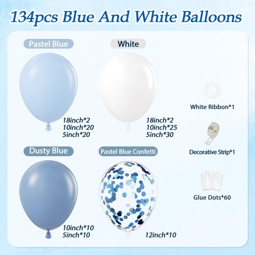 134pcs Blue and White Balloon Arch Kit, Blue and White Balloons with Dusty Blue Confetti Balloons for Anniversary Gender Reveal Wedding Baby Shower Birthday Party Decorations