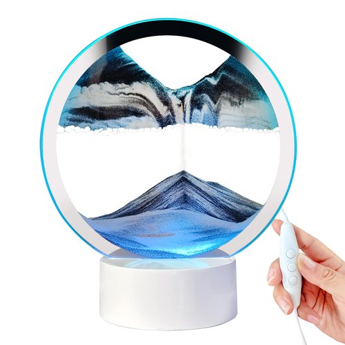 Akaco Moving Sand Art Liquid Motion with Light White Wooden Base 3D Color Quicksand Decor Deep Sea Sandscape Moving Sand Art Picture Office Desk Accessories Sensory Fidget Craft
