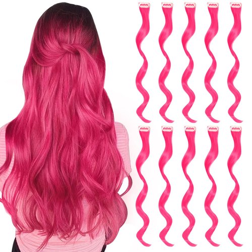 BUMMSEVEN Pink Hair Extensions Clip in, Curly Wavy Colored Synthetic Hairpieces Party Highlights, Colorful Hair Accessories Clips Ins for Kids Girls Women 16 Inch (10 Pieces Hot Pink)