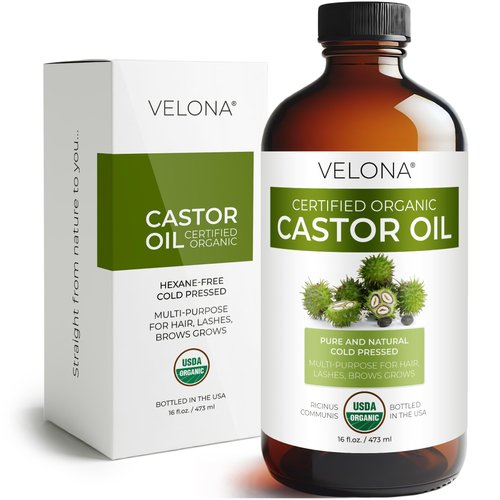 velona USDA Certified Organic Castor Oil - 16 Fl Oz in Glass Bottle | For Hair Growth, Boost Eyelashes, Eyebrows | Cold pressed, Natural Oil, USP Grade | Hexane Free, Lash Serum, Caster