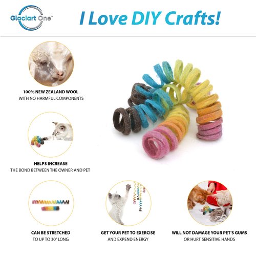 Glaciart One Felt Spring Cat Toy – 3 Pcs Soft Fuzzy Enrichment 100% Natural Wool Toy - Interactive Stretchable Play Cat Toy Set - Safe for Pets, Non-AZO Colored Dyes - 30” Long