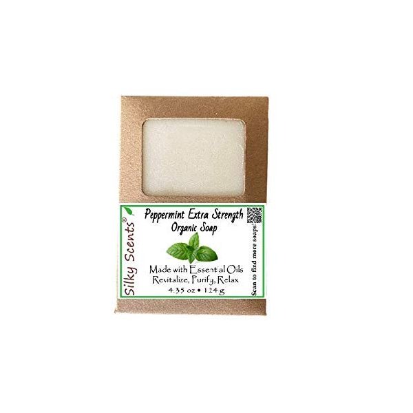 Silky Scents Peppermint Extra Strength Soap Bar - 100% All Natural and Organic Essential Oil - 1 Soap Bar