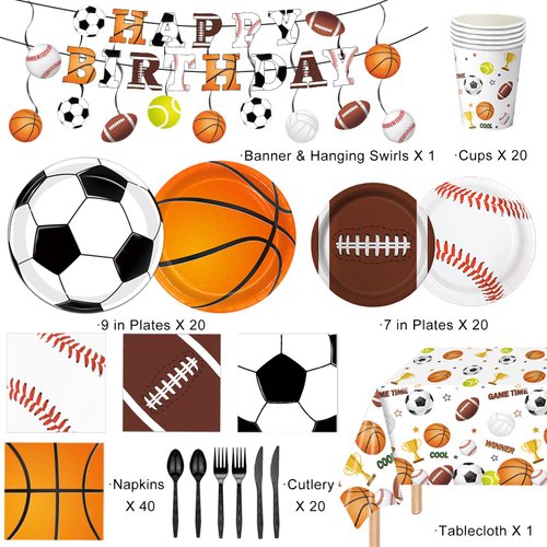 QIYANPAX Sports Birthday Party Decorations, Sports Theme Party Plates and Napkins Baseball Football Soccer Basketball Disposable Tableware Serves 20 Guests for Birthday Party