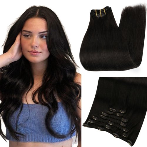 Full Shine Clip in Hair Extensions Off Black Real Human Hair Extensions Clip ins Straight Remy Black Hair Extensions Clip ins 16 Inch Brazilian Seamless Hair