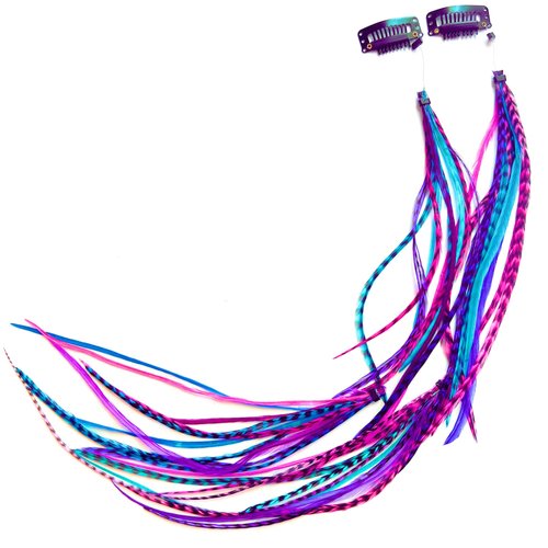 Feather Hair Clips, Long Hippie Boho Indian Accessories, Real Clip on Feather Extensions (Pink/Blue/Purple)