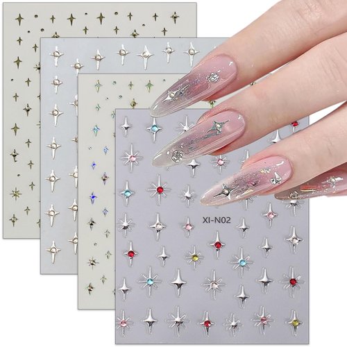Sutaozhi Shiny Star Nail Stickers for Nail Art,Glitter Star Nail Rhinestones Design Nail Decals Holographic Gold Silvery Stars Nail Supplies 3D Self-Adhesive Star Sticker Charms for Nail Decoration