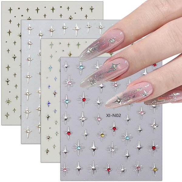 Sutaozhi Shiny Star Nail Stickers for Nail Art,Glitter Star Nail Rhinestones Design Nail Decals Holographic Gold Silvery Stars Nail Supplies 3D Self-Adhesive Star Sticker Charms for Nail Decoration