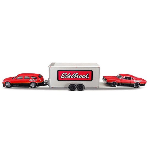 2006 Magnum R/T Red and Black and 1969 Charger R/T Red and Black with Enclosed Car Trailer Team Haulers Series 1/64 Diecast Model Car 11404-22C