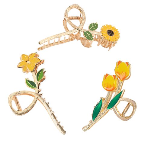 Yonchic 3-Piece Flower Metal Hair Clips, Daisy Hair Claw for Thin/Medium Thick Hair, Elegant Tulip Floral Barrettes Strong Hold Clamps Non-Slip Cute Lily Claws Accessories