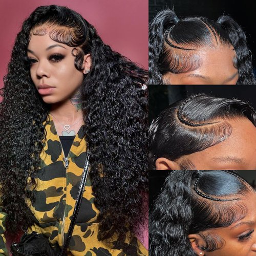 Deep Wave Lace Front Wigs Human Hair 13x6 HD Transparent Lace Frontal Curly Wigs for Women Glueless Curly Wigs Pre Plucked with Baby Hair 180% Density Brazilian Virgin Hair Natural Black 18 Inch