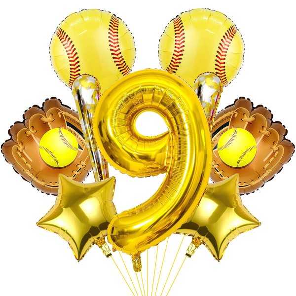 9pcs Softball Balloons, Softball Birthday Number Mylar Foil Balloon Softball Birthday Party Supplies Softball Birthday Decorations (9th)