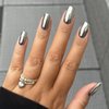 Silver Press on Nails Square Medium Fake Nails Metallic Chrome False Nails Mirror Silver Acrylic Nails Press ons Holographic Metal Chrome Glue on Nails Stick on Nails for Women Manicure 24pcs