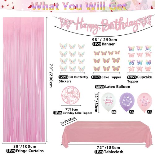 Butterfly Birthday Party Decorations - Butterfly Happy Birthday Banner, Latex Balloons, 3D Butterfly Stickers, Cake Topper, Fringe Curtains and Tablecloth for Girls Spring Garden Party Supplies