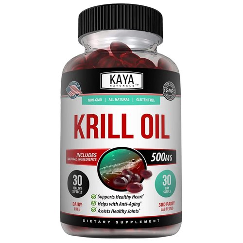 Kaya Naturals - Antarctic Krill Oil 500mg with Omega 3, EPA, DHA and Astaxanthin Supplement - Brain, Heart and Joint Health Vitamin - Heart Health Supplement - 30 Sofftgels