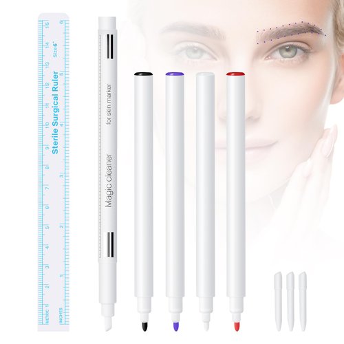 LXIANGN 6 Pcs Eyebrow Tools Kit,One Eyebrow Measuring Ruler 5 Pcs Microblading Skin Marker Pen with 3 replacement refills,Skin Marker Eyebrow Permanent Makeup Position Mark Tools for Eyebrow Lips Skin