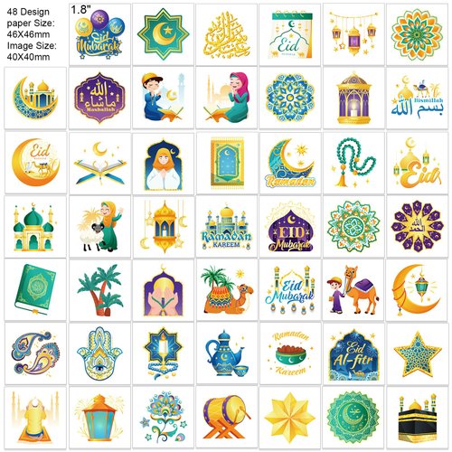 HOWAF 96pcs Eid Mubarak Temporary Tattoos, Ramadan Kareem Themed Face Tattoos Stickers for Boys girls with Star Moon Castle Patterns for Eid Party Decorations, Ramadan Mubarak Fake Tattoos