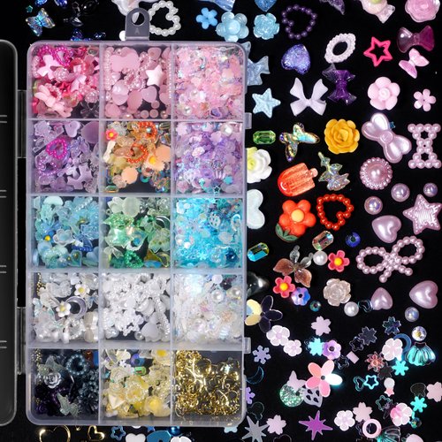 Mix 3D Assorted Color Nail Charms Multi Pink Blue Purple White Glitter Heart Flower Butterfly Bow Cute Nail Charms Hollow White Pearls Nail Charms for Acrylic Nail Art Manicure DIY Crafts Accessories