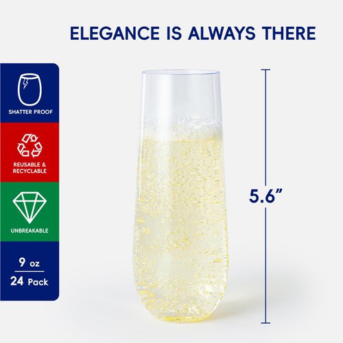 JOLLY CHEF 24 Pack Plastic Champagne Flutes 9 oz, Crystal Clear Stemless Toasting Glasses Disposable Drinkware Ideal for Wedding, Birthday, Party