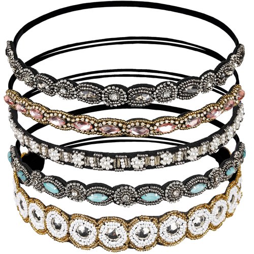 Teenitor 5pcs Hairbands for Women, 5 Rhinestone Beaded Headbands, Head Bands for Women's Hair Fashionable Handmade Crystal Beaded Elastic hairbands, 20-26.8"(51-68cm), 1 Count (Pack of 5), HAIRBAND