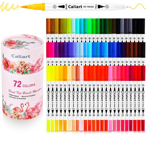 Caliart 72 Colors Dual Tip Art Markers for Adult Coloring - Easter Basket Stuffers for Teens, Gifts for Teen Gifts Trendy Stuff, Brush Pens With Fine and Brush Tips for Lettering Drawing Supplies Kit
