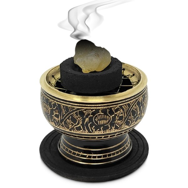 New Age Imports, Inc. India Small Decorated Brass Charcoal Screen Incense Burner with Wooden Coaster