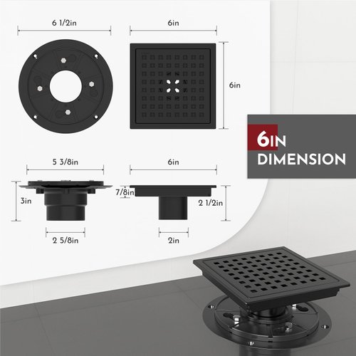 WEBANG 6 Inch Square Shower Floor Drain With Flange,Quadrato Pattern Grate Removable,Food-grade SUS 304 Stainless Steel,WATERMARK&CUPC Certified,Matte Black